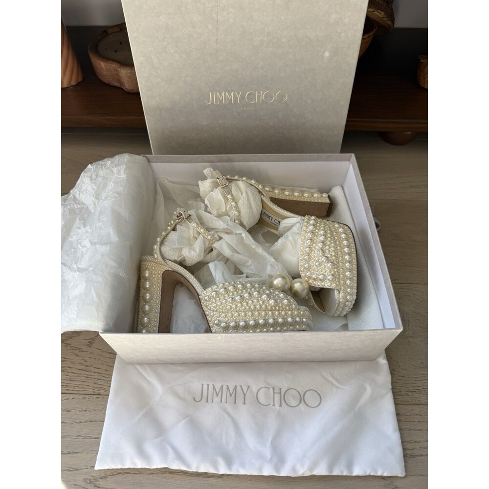 JIMMY CHOO White Satin Pearl Bridal SACARIA 120 Platform Heels 39/8, In Box, A++